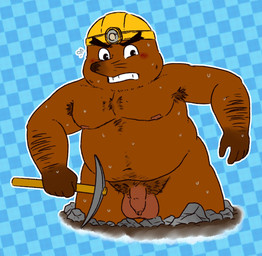 anthro arm_hair armor armpit_hair balls biped bodily_fluids body_hair brown_body brown_fur flaccid foreskin fur genitals hard_hat headgear helmet male moobs navel nipples penis pubes slightly_chubby solo sweat unretracted_foreskin duskycovers animal_crossing nintendo mr._resetti eulipotyphlan mammal mole_(animal) 2026