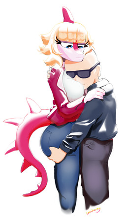 anthro bald big_breasts big_butt blonde_hair blue_eyes bone_frill bottomwear breasts butt butt_grab clothed clothed_anthro clothed_female clothed_human clothed_male clothing denim denim_bottomwear denim_clothing duo eyewear female frill_(anatomy) furgonomic_bottomwear furgonomics grey_bottomwear grey_clothing grey_jacket grey_pants grey_topwear hair hand_on_butt hand_on_shoulder head_on_breast hug human_on_anthro interspecies jacket jeans long_hair looking_at_another looking_down male male/female neutral_expression non-mammal_breasts open_clothing open_jacket open_topwear pants pink_body red_clothing red_jacket red_topwear romantic romantic_couple shirt side_view simple_background spiked_tail spikes spikes_(anatomy) standing sunglasses tail text topwear white_background white_body white_clothing white_shirt white_topwear lenabunny cavemanon_studios i_wani_hug_that_gator inco_(iwhtg) mia_moretti dinosaur hadrosaurid human mammal ornithischian ornithopod parasaurolophus prehistoric_species reptile scalie absurd_res artist_name colored hi_res portrait shaded three-quarter_portrait