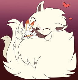 ambiguous_gender anthro biped blush blush_lines cheek_tuft cuddling duo eyes_closed facial_tuft feral fluffy heart_symbol holding_another larger_ambiguous larger_feral red_eyes scut_tail short_tail simple_background size_difference smaller_ambiguous smaller_anthro tail tongue tuft white_body fuf nintendo pokemon generation_8_pokemon pokemon_(species) scorbunny wa-urufu 2019 hi_res