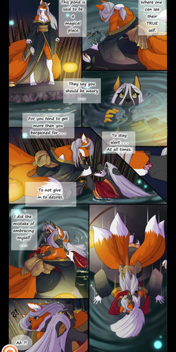 asian_clothing clothing duo east_asian_clothing female japanese_clothing kimono kissing lamp lantern pond text azaleesh amira_no_kogane samira_weissklaue canid canine fox mammal comic digital_media_(artwork) english_text hi_res