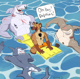 anthro butt clothing countershading facial_piercing flotation_device group imminent_sex male muscular muscular_male nipple_piercing nipples nose_piercing nose_ring nude oblivious outside piercing pool_float pool_toy ring_piercing septum_piercing septum_ring sharp_teeth smile swimming swimming_trunks swimwear teeth water waterscape diskwuzting aquatic fish hyena mammal shark 2022 digital_drawing_(artwork) digital_media_(artwork) hi_res lol_comments