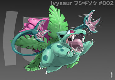 action_pose ambiguous_gender attack fangs jumping plant pose solo teeth text vines gillpanda nintendo pokemon elemental_creature flora_fauna generation_1_pokemon ivysaur pokemon_(species) scalie artist_name