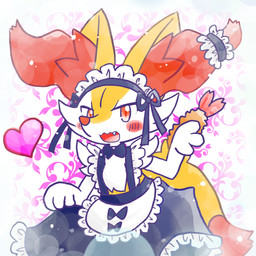 ambiguous_anthro ambiguous_gender anthro biped blush blush_stickers bow_ribbon bow_tie clothed clothed_ambiguous clothed_anthro clothing cute_fangs dipstick_tail fangs food front_view gesture heart_symbol leaning leaning_forward looking_at_viewer maid_headdress maid_uniform markings object_in_tail open_mouth open_smile shrimp_(food) simple_background smile snout solo standing tail tail_markings teeth tongue uniform waving waving_at_viewer annyui0611 nintendo pokemon braixen canid generation_6_pokemon mammal pokemon_(species) 1:1 2024 digital_drawing_(artwork) digital_media_(artwork) hi_res japanese_description portrait three-quarter_portrait translated_description