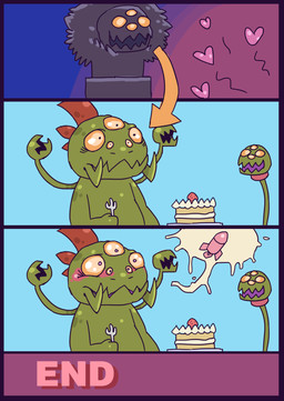ambiguous_gender anthro blush cake cutlery dessert duo food fork fruit heart_symbol kitchen_utensils multi_eye nude plant rocket simple_background strawberry tools voyeur yellow_eyes slugsdog awesomenauts gnaw_(awesomenauts) alien reptile scalie 2014 comic digital_drawing_(artwork) digital_media_(artwork) hi_res