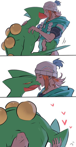 anthro beanie bedroom_eyes blush blush_lines bodily_fluids clothed clothing clothing_lift duo ear_piercing ear_stud eyes_closed foreplay french_kissing grabbing_waist hair hands_on_waist hat headgear headwear heart_symbol hoodie imminent_sex interspecies kissing larger_male long_hair male male/male narrowed_eyes passionate_kiss piercing raised_clothing raised_shirt raised_topwear romantic romantic_couple saliva saliva_string seductive shirt shirt_lift simple_background size_difference topwear white_background laiweitui nintendo pokemon a_mu_(laiweitui) fang_yuan_(laiweitui) pokemon_trainer generation_3_pokemon human mammal pokemon_(species) reptile scalie sceptile comic hi_res sequence