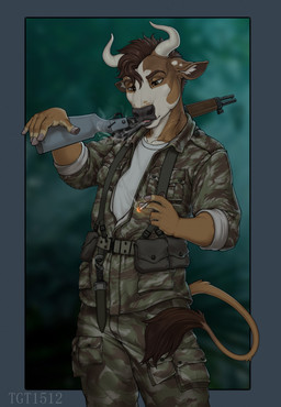 2_horns anthro belt blurred_background brown_eyebrows brown_eyes brown_hair cigarette clothing eyebrows fingers fur grey_hooves grey_lips grey_nose gun hair holding_gun holding_object holding_ranged_weapon holding_weapon hooved_fingers hooves horn inner_ear_fluff knife lips looking_down male mas-36_cr39 military military_uniform night open_mouth orange_body orange_fur ranged_weapon smile smoking smoking_cigarette solo spots standing tail tail_tuft tan_body tan_fur teeth tongue tuft uniform weapon white_body white_fur white_inner_ear_fluff conditional_dnp tgt1512 bovid bovine cattle mammal digital_media_(artwork) hi_res