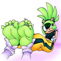 5_toes annoyed anthro barefoot blue_eyes bottomwear clothing crossed_arms digit_ring disembodied_hand duo ear_piercing feet feet_jewelry female female_focus foot_fetish foot_focus gloves green_hair hair handwear humanoid_feet jewelry pants piercing plantigrade ring sharp_teeth shirt soles solo_focus teeth toe_ring toes topknot topwear torn_clothing torn_shirt torn_topwear white_clothing white_gloves white_handwear ac34dude idw_publishing sega sonic_the_hedgehog_(comics) sonic_the_hedgehog_(idw) sonic_the_hedgehog_(series) surge_the_tenrec afrosoricid mammal tenrec 1:1 hi_res
