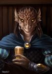 alcohol anthro armor beer beverage brown_claws cape claws clothed clothing container cup fingers holding_object inside looking_at_viewer male shirt sitting solo tan_body topwear vambrace yellow_eyes shalinka mythology dragon mythological_creature mythological_scalie scalie 2018