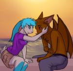 anthro blue_body blue_eyes blue_fur blue_hair bodily_fluids breasts clothed clothing crying detailed_background duo female fur hair male male/female membrane_(anatomy) membranous_wings small_breasts smile sunset tears topless white_body white_fur wings ethelas batnbun bat lagomorph leaf-nosed_bat leporid mammal microbat rabbit vampire_bat yangochiropteran digital_media_(artwork)