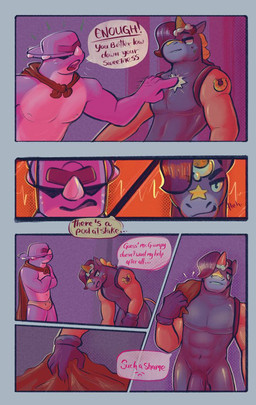anthro cape casual_nudity clothed clothing dialogue duo genitals hat headgear headwear horn male muscular muscular_male nude open_mouth pecs penis purple_body simple_background speech_bubble text rfantasy_art brawl_stars mythology supercell_(company) berry_(brawl_stars) pierce_(brawl_stars) dinosaur equid equine horse mammal mythological_creature mythological_equine prehistoric_species reptile scalie unicorn comic english_text hi_res