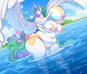 5_fingers anthro anthrofied areola areola_slip ball beach_ball big_breasts blue_hair breasts clothed clothing cutie_mark day eyebrows eyelashes female fingers green_hair hair horn huge_breasts inflatable long_hair navel open_mouth outside overweight overweight_anthro overweight_female partially_submerged pink_areola pink_hair purple_hair solo standing teeth thick_thighs tongue unicorn_horn water wide_hips wings tiggybloom friendship_is_magic hasbro my_little_pony mythology princess_celestia_(mlp) equid equine mammal mythological_creature mythological_equine winged_unicorn 2025 hi_res
