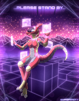 anthro breasts dialogue dragon_tail featureless_breasts female grid horn landscape machine metal nude open_mouth screen simple_background smile solo synthwave tail technology text tongue virtual_reality sharperit mythology niruen_(blackinkwolf) android dragon mammal mythological_creature mythological_scalie robot scalie synth_(vader-san) digital_media_(artwork) english_text hi_res shaded