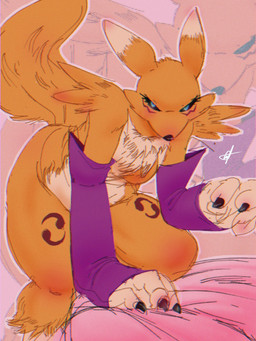3_fingers anthro arm_tuft armwear bed belly black_claws black_nose black_sclera blue_eyes blush breasts bridal_gauntlets chest_tuft claws clothing countershade_torso countershading curvy_figure double_tomoe eyelashes female fingers fluffy fur fur_markings furniture kneeling leg_markings long_ears long_tail looking_at_viewer markings purple_clothing shoulder_tuft solo tail thick_thighs thigh_markings tomoe_(symbol) tuft white_body white_countershading white_fur yellow_body yellow_fur churroz bandai_namco digimon canid digimon_(species) mammal renamon 3:4 colored digital_drawing_(artwork) digital_media_(artwork) hi_res shaded signature