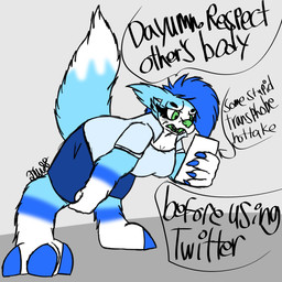 anthro blue_body blue_claws blue_fur blue_hair bottomwear cellphone claws clothing cyberbullying dialogue electronics female fur green_nose hair harassment holding_object holding_phone phone shirt shorts smartphone solo speech_bubble t-shirt topwear transphobia twit_fluffy twitter bluefolf_(fursona) hybrid 1:1 hi_res signature source_request
