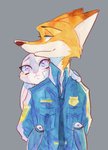 carrying_another cheek_tuft clothing dipstick_ears duo ear_markings facial_tuft fur grey_background grey_body grey_fur multicolored_ears necktie orange_body orange_fur piggyback shirt simple_background topwear tuft strawberry628_(artist) disney zootopia judy_hopps nick_wilde canid canine fox lagomorph leporid mammal rabbit red_fox true_fox 2020 hi_res painting_(artwork) traditional_media_(artwork) watercolor_(artwork)