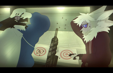 apologetic black_bars bullet_hole eyewear facepalm gun multi_ear ranged_weapon shooting_range sunglasses target weapon moondoggie lumen_(slovakiani) mercury_(haloren) alien shadekin hi_res letterbox