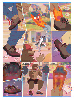 4_toes anthro blush bottomwear clothing duo exercise feet flattened flattening_fetish foot_fetish foot_focus foot_play heart_symbol inanimate_transformation inside_clothing inside_shoe insole male male/male mind_break pawpads paws permanent permanent_transformation question_mark shorts soles stretchy tail text toes transformation trapped_in_clothing trapped_in_shoe willing_transformation workout luciotheartistxy boof_(brotherboofer) squishdingo_(character) canid canine canis dingo mammal comic english_text hi_res
