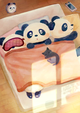 anthro bed bedding black_body black_fur blanket blush chibi electronics eyes_closed fur furniture group hug multicolored_body multicolored_fur phone pillow sleeping two_tone_body two_tone_fur white_body white_fur araru bear giant_panda mammal 2020 hi_res