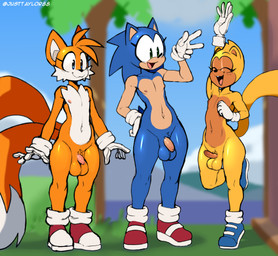 anthro balls clothing eyelashes femboy flaccid footwear foreskin freckles genital_raphe genitals gesture gloves group handwear humanoid_genitalia humanoid_penis male navel nipples outside penis pubes public public_nudity raphe_(anatomy) scrotal_raphe shoes small_penis smile standing text trio waving justtaylor sega sonic_the_hedgehog_(series) miles_prower ray_the_flying_squirrel sonic_the_hedgehog canid canine eulipotyphlan flying_squirrel fox hedgehog mammal rodent sciurid absurd_res english_text hi_res