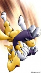 2005 3_fingers 3_toes anthro armwear bandai_namco black_sclera blue_eyes breasts butt canid canine claws clothing digimon digimon_(species) elbow_gloves fangs feet female fingers fur gloves handwear hi_res karabiner mammal open_mouth pawpads paws renamon solo tail teeth toes tongue white_body white_fur yellow_body yellow_fur yin_yang