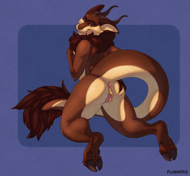 anthro anus athletic athletic_intersex athletic_maleherm butt butt_grab cheek_tuft facial_tuft fangs fluffy fluffy_tail genitals hand_on_butt happy herm hooves horn intersex long_tail looking_at_viewer looking_back maleherm neck_tuft solo tail teeth tuft vulva flabberd max_(sergeanthax) bovid caprine demon goat hybrid mammal