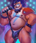 2022 animatronic anthro barazoku bear belly big_belly big_bulge big_muscles blurred_background bow_tie bracelet bulge claws clothing dsharp_k ear_piercing ear_ring electronics eyebrows facial_markings five_nights_at_freddy's five_nights_at_freddy's:_security_breach glamrock_freddy hand_on_hip hat head_markings headgear headwear jewelry looking_at_viewer machine male mammal markings microphone musclegut muscular muscular_anthro muscular_male navel nipples open_mouth open_smile pecs piercing ring_piercing robot scottgames shoulder_pads smile solo spiked_bracelet spikes spotlight standing steel_wool_studios teeth thick_thighs thong top_hat underwear