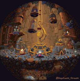 ambiguous_gender anthro bell bench black_body blue_border border cloak clothing female feral group holding_melee_weapon holding_object holding_polearm holding_weapon male mask melee_weapon perspective polearm red_cloak red_clothing sitting standing weapon daydreamer94 hollow_knight:_silksong hollow_knight_(franchise) team_cherry bell_beast frey_(hollow_knight:_silksong) hornet_(hollow_knight) pill_(hollow_knight:_silksong) pondcatcher_reed shakra_(hollow_knight:_silksong) tipp_(hollow_knight:_silksong) arthropod bell_beast_(species) 2025 digital_media_(artwork) pixel_(artwork)