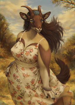 anthro blue_eyes blue_hair blurred_background breasts brown_body brown_fur brown_hair brown_horn clothed clothing dress female floral_print front_view fully_clothed fur hair horizontal_pupils horn inner_ear_fluff long_hair mouth_closed multicolored_hair outside plant pupils solo standing sundress tan_body tan_fur tree tuft two_tone_hair white_clothing white_dress white_inner_ear_fluff lostgoose harper_(lostgoose) bovid caprine goat mammal 2022 dated hi_res portrait signature three-quarter_portrait