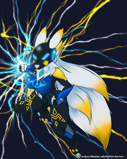 anthro armor blue_eyes bodysuit breasts claws clothed clothing crest_of_friendship digimon_crest dipstick_ears dipstick_tail ear_markings electricity electricity_manipulation elemental_manipulation female fingers fist fur gauntlets gloves hair handwear headgear helmet lightning lightning_bolt looking_at_viewer markings multicolored_ears neck_tuft simple_background skinsuit solo symbol tail tail_markings tight_clothing tuft visor_helmet white_body white_fur shin_kerron bandai_namco digimon fan_character gwendolyn_(shin_kerron) canid canine digimon_(species) fox mammal renamon 2026 4:5 digital_drawing_(artwork) digital_media_(artwork)