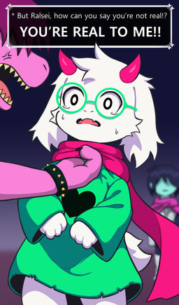 anthro blue_body blurred_background blurred_character bodily_fluids clothing female fur green_clothing green_robe group horn male male/female purple_body red_horn robe scarf tears text white_body white_fur vavacung deltarune undertale_(series) kris_dreemurr ralsei susie_(deltarune) bovid caprine dinosaur goat human mammal prehistoric_species reptile scalie english_text hi_res