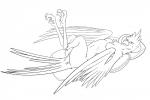 anthro breasts cushion featureless_breasts female looking_at_viewer lying non-mammal_breasts nude on_back pillow simple_background solo wings signet avian 3:2 monochrome