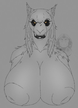 anthro areola big_areola big_breasts breasts fangs female grey_background hair huge_breasts inverted_nipples lips long_hair looking_at_viewer nipples simple_background solo teeth thick_lips yellow_eyes vincentdraws elden_ring fromsoftware demi-human_chief demi-human_(elden_ring) mammal 2022 digital_media_(artwork) hi_res sketch