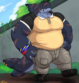 anthro biceps black_sclera bottomwear clothed clothing dorsal_fin elbow_fin fin fin_piercing footwear furgonomic_piercing furgonomics hands_on_hips male muscular muscular_arms outside pants piercing reunion_island shirt shoes solo standing tail tail_fin tail_piercing teeth_showing tight_clothing tight_shirt tight_topwear topwear wall_(structure) wristband yellow_eyes same22shark nelson_(same22shark) aquatic fish shark 2021 digital_media_(artwork) full-length_portrait portrait signature