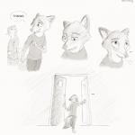 1:1 2016 anthro canid canine clothed clothing comic disney english_text felid fox fur hi_res male mammal monochrome nick_wilde red_fox source_request speech_bubble sprinkah text true_fox zootopia