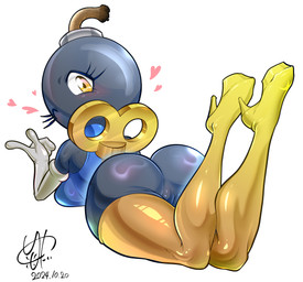 biped breasts butt clothed clothing eyelashes featureless_crotch female fingers for_a_head heart_symbol legwear looking_at_viewer looking_back lying not_furry on_front one_eye_closed pupils simple_background solo thick_thighs topwear white_background wink kicktyan mario_bros nintendo bob-omb bomb_humanoid humanoid object_head 2024 absurd_res dated digital_media_(artwork) hi_res