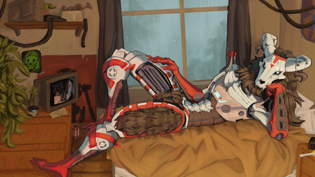 bed cathode_ray_tube clock digital_clock electronics furniture hand_on_chin inside lying lying_on_bed machine male on_bed solo television deader apex_legends electronic_arts respawn_entertainment revenant_(apex_legends) humanoid robot robot_anthro 16:9 absurd_res hi_res widescreen