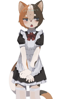 absolute_territory anthro blue_eyes blush clothed clothing crossdressing crossdressing_male embarrassed fur hair kemono legwear maid_uniform male male_anthro multicolored_body multicolored_fur multicolored_hair open_mouth short_hair simple_background solo tail thigh_highs tongue uniform whiskers white_background aya_tsuji calico_cat domestic_cat felid feline felis mammal 2026 absurd_res digital_media_(artwork) hi_res portrait three-quarter_portrait