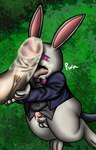 absurd_res anthro big_penis bodily_fluids clothing cum cum_in_mouth cum_inside demoniccat1 dungeon_reset duo genital_fluids genitals heart_eyes heart_symbol hi_res huge_penis lagomorph leporid male male/male mammal oral penis rabbit rabbit_(dungeon_reset) suit