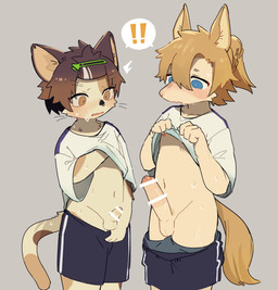 animal_genitalia anthro balls big_penis biped blue_eyes blush blush_lines bottomwear bottomwear_down brown_eyes brown_hair censored_genitalia censored_penis clothed clothing clothing_lift comparing comparing_penis duo equine_genitalia erection exclamation_point exposed fingers foreskin genital_exploration genitals glans hair humanoid_genitalia humanoid_penis hybrid_genitalia hybrid_penis kemono looking_at_another looking_at_genitalia looking_at_partner looking_at_penis male male/male medial_ring medial_ringed_humanoid_penis medial_ringed_hybrid_penis navel partially_clothed penis penis_size_difference presenting presenting_penis raised_clothing raised_shirt raised_topwear shirt shirt_lift shorts shorts_down shota show_me_yours small_but_hung sportswear tail topwear young young_anthro young_but_hung young_male young_on_young kuromu aoi_(kuromu) hinata_(kuromu) calico_cat domestic_cat equid equine felid feline felis horse mammal absurd_res censored hi_res