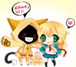 >_< braided_hair braided_pigtails chibi dialogue duo eyes_closed female food hair pigtails shadow_face smile text ayuki-shura-nyan arc_system_works blazblue noel_vermillion taokaka animal_humanoid cat_humanoid felid felid_humanoid feline feline_humanoid human humanoid kaka_(blazblue) mammal mammal_humanoid english_text