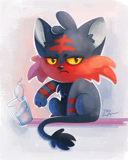 ambiguous_gender container cup feral glass glass_container glass_cup grumpy solo water tsaoshin nintendo pokemon felid generation_7_pokemon litten mammal pokemon_(species) 2016 digital_media_(artwork) digital_painting_(artwork) painting_(artwork)