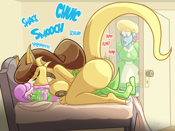 anthro bed bodily_fluids breasts brown_hair female furniture group hair kissing male male/female nipples onomatopoeia saliva sex sound_effects text trio jamearts mythology alice_(jamearts) jimmy_basil-lisk rebecca_torres dragon lizard mythological_creature mythological_scalie reptile scalie 4:3 hi_res
