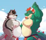 anthro beach beard belly biceps black_body black_fur black_hair black_nose blue_sky brown_eyes bulge clothed clothing cloud day detailed_background duo eye_contact facial_hair fur goatee green_body green_scales grey_body grey_fur hair highlights_(coloring) horn jockstrap looking_at_another male multicolored_body multicolored_fur multicolored_scales musclegut muscular muscular_male nipples outside pecs pink_nipples raised_arm red_eyes red_hair red_highlights scales sea seaside side_view sky smile speedo spikes standing swimwear tail tan_body tan_nipples tan_scales topless two_tone_body two_tone_scales underwear water white_body white_fur almasy mythology ace_(swaggyaces) laggio canid canine canis dragon mammal mythological_creature mythological_scalie scalie wolf 2016 digital_media_(artwork)