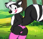 anthro balls black_body black_fur blush butt chest_tuft clothing fur genitals hi_res jhussethy legwear looney_tunes male mammal mephitid panties pepe_le_pew pink_clothing pink_underwear rear_view seductive skunk smile solo striped_skunk thigh_highs tuft underwear warner_brothers white_body