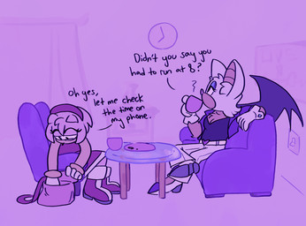 analog_clock anthro biped breasts chair chest_tuft cleavage clock clothed clothed_anthro clothed_female clothing container countershade_face countershade_torso countershading cup dialogue drinking duo female furniture handbag inside light_switch membrane_(anatomy) membranous_wings plate sitting table text tuft wings humming-fly sega sonic_the_hedgehog_(series) amy_rose rouge_the_bat bat eulipotyphlan hedgehog mammal 2025 digital_drawing_(artwork) digital_media_(artwork) english_description english_text