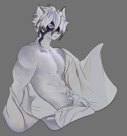 clothed clothing clothing_lift glistening glistening_body glistening_skin male partially_clothed pecs red_eyes solo white_body saberiantiger mihoyo zenless_zone_zero von_lycaon shaded