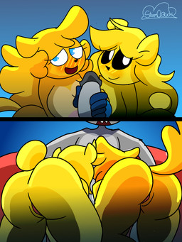 anthro anthrofied big_breasts black_sclera blonde_hair blue_background blue_eyes blush blush_lines breasts butt fangs female fur genitals grey_body grey_fur group hair handjob male nipples nude nude_anthro nude_female open_mouth penile penis pink_nipples rear_view sex simple_background smile tail teeth thick_thighs trio vulva white_eyes yellow_body yellow_fur filthycottonart unfortu-nate camilla_(unfortu-nate) dumpling_(tricktrashing) trick_(tricktrashing) bear canid canine canis domestic_dog mammal procyonid raccoon 2022 3:4 digital_media_(artwork) hi_res