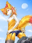 2017 3:4 accessory aircraft airplane ancesra anthro blonde_hair braixen breasts camel_toe canid claws clothed clothing cloud digital_media_(artwork) female flower flower_in_hair fur generation_6_pokemon hair hair_accessory hi_res looking_at_viewer looking_back mammal moon nintendo nipples one-piece_swimsuit plant pokemon pokemon_(species) raised_tail red_body red_eyes red_fur red_hair red_nose seductive shaded side_boob skimpy sky small_breasts solo standing swimwear tail topless undressing vehicle white_body white_fur yellow_body yellow_fur