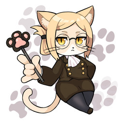 anthro ascot blonde_hair bottomwear chibi clothing eyewear female footwear fur glasses hair holding_object leggings legwear multicolored_body multicolored_fur office_clothing shoes skirt solo tan_body tan_fur two_tone_body two_tone_fur whiskers yellow_eyes nekokitiyorio hitoner miss_tonerico domestic_cat felid feline felis mammal 1:1 2024 digital_media_(artwork) hi_res
