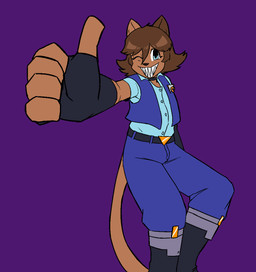 anthro armwear belt black_choker black_jewelry black_necklace blue_bottomwear blue_clothing blue_eyes blue_pants blue_shirt blue_topwear blue_vest boots bottomwear brown_body brown_fur brown_hair choker clothing elbow_gloves female fingerless_gloves flat_chested footwear fur gesture gloves grin hair hair_between_eyes hand_gesture handwear jewelry looking_at_viewer necklace one_eye_closed pants purple_background sharp_teeth shirt shoes short_hair short_sleeves simple_background smile solo standing teeth thumbs_up topwear vest unawarey claire_(unawarey) domestic_cat felid feline felis mammal hi_res